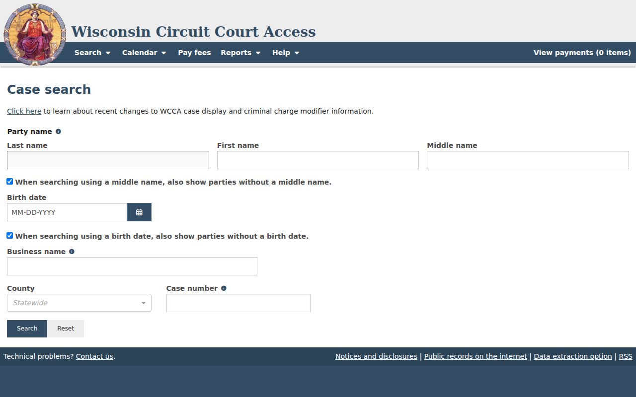 Adams County criminal court docket search fields in WCCA