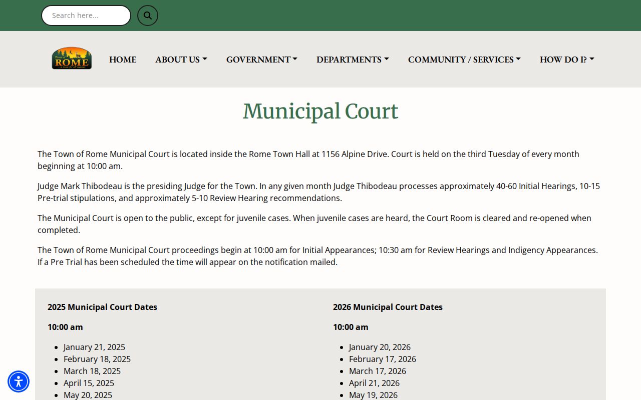 Adams County court schedule information for Town of Rome Municipal Court